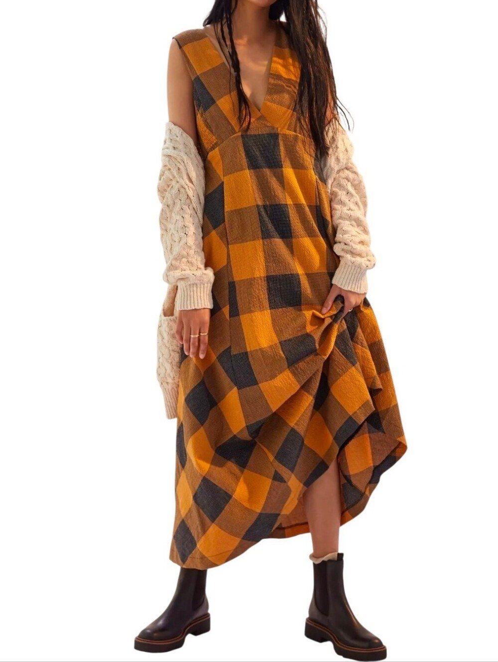Anthropologie Gingham Mustard and Black Plaid Sleeveless Maxi Dress Size XL